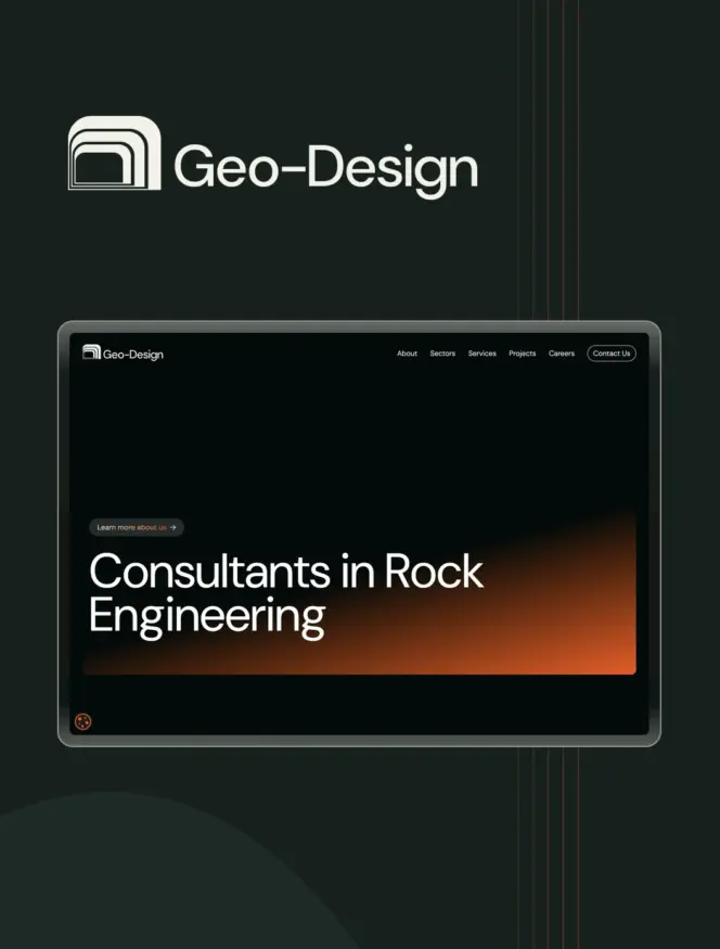 Geo-Design website presented within its charcoal and orange visual identity