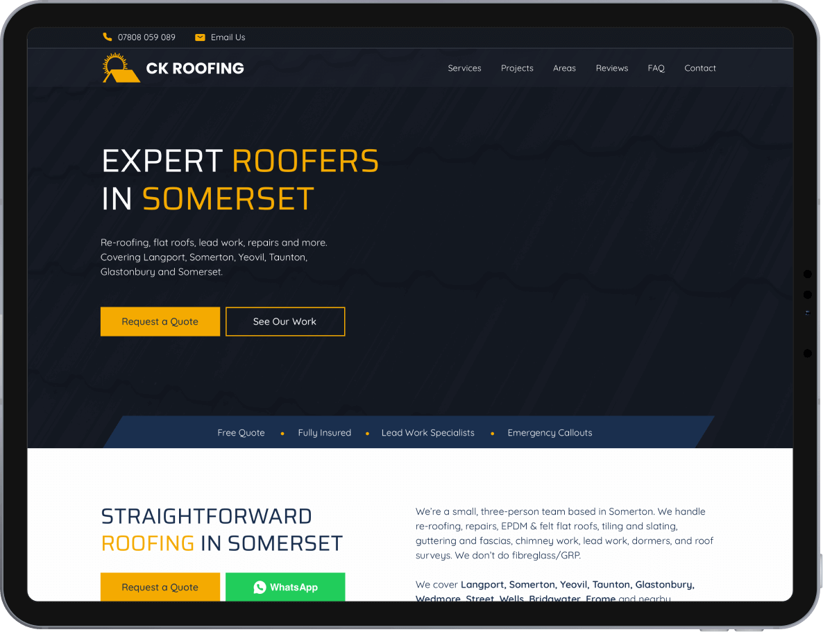 CK Roofing Somerset Website iPad Screenshot
