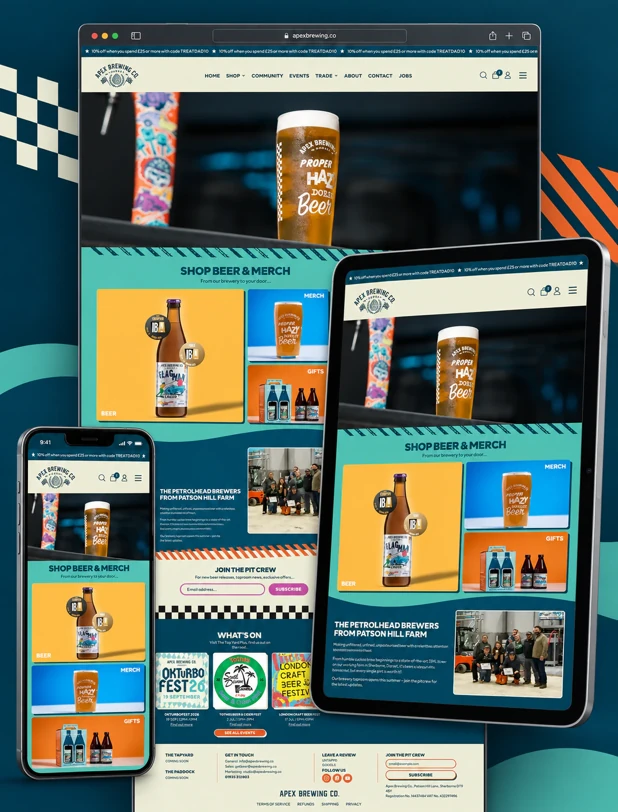 Apex Brewing Co Shopify website shown on desktop, tablet and mobile