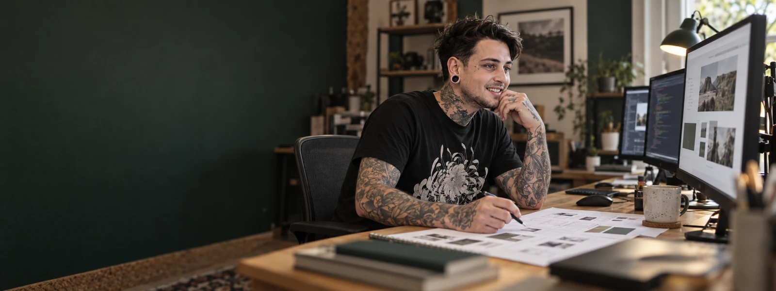 Illustration of Kieron planning a website at his desk