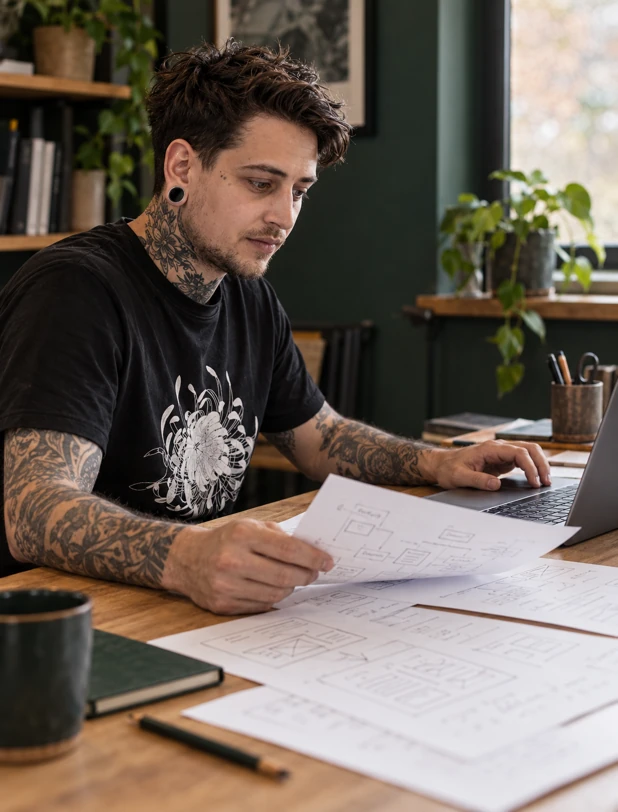 Illustration of Kieron reviewing a website sitemap and interface plan